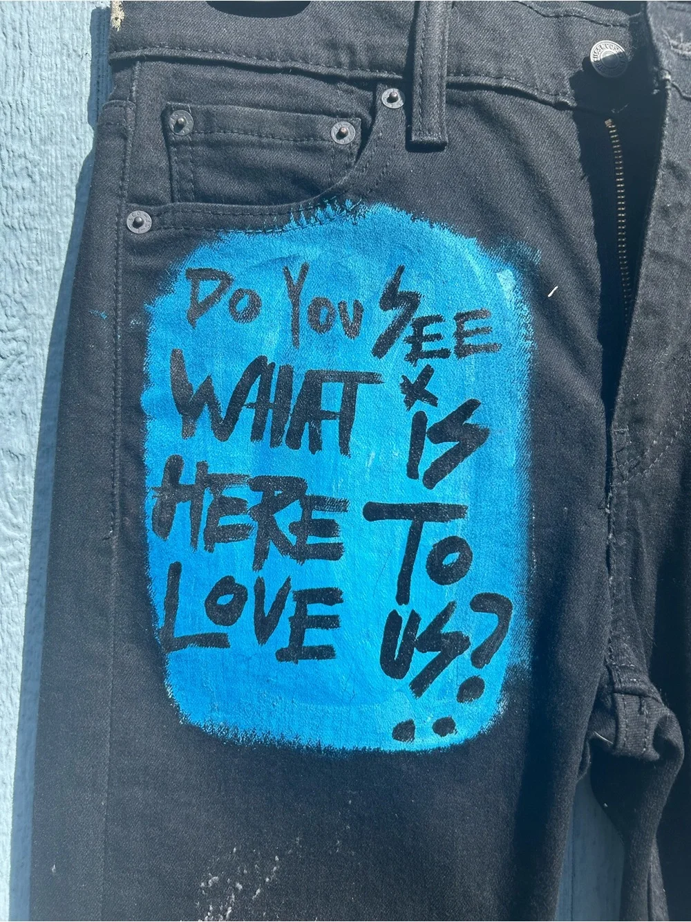 Hand-Painted Black Skinny Jeans with Blue & Pink Graffiti on Levi 510 jeans New